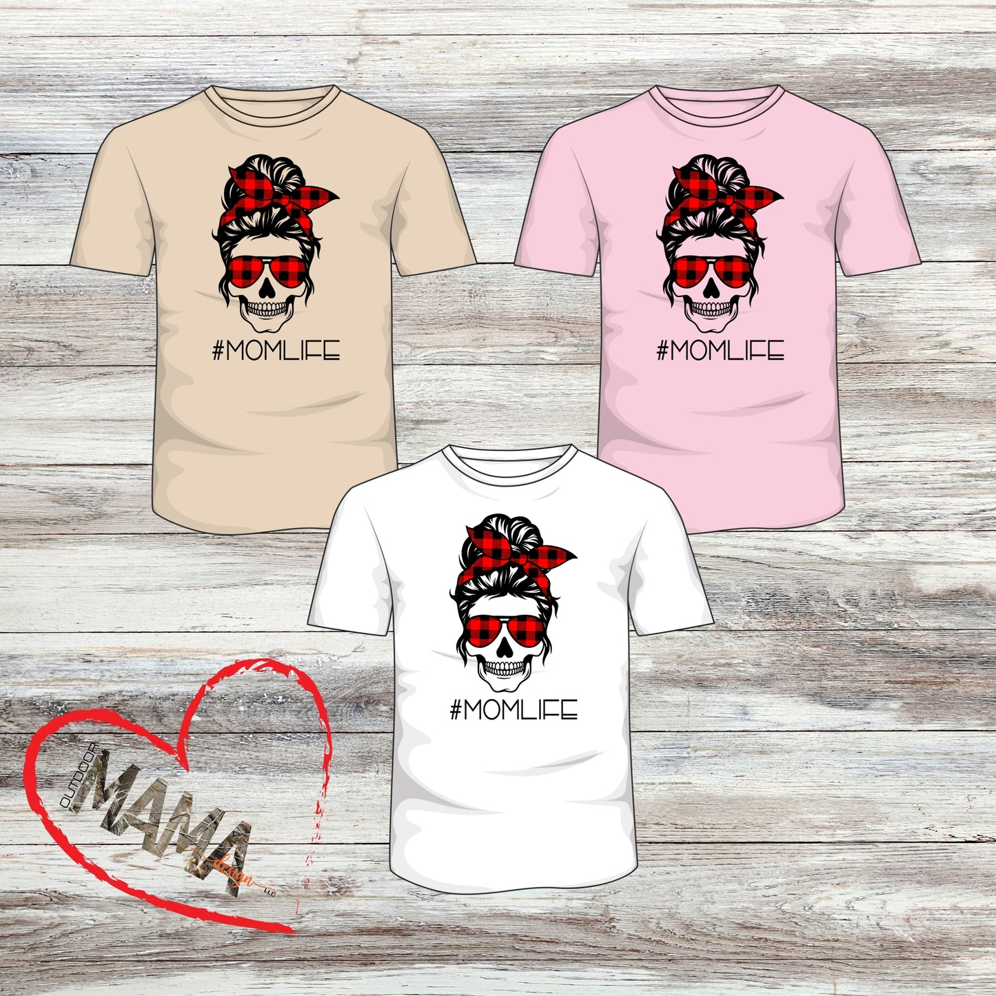 #MOMLIFE Messy Hair Skull Plaid Designs T-shirt