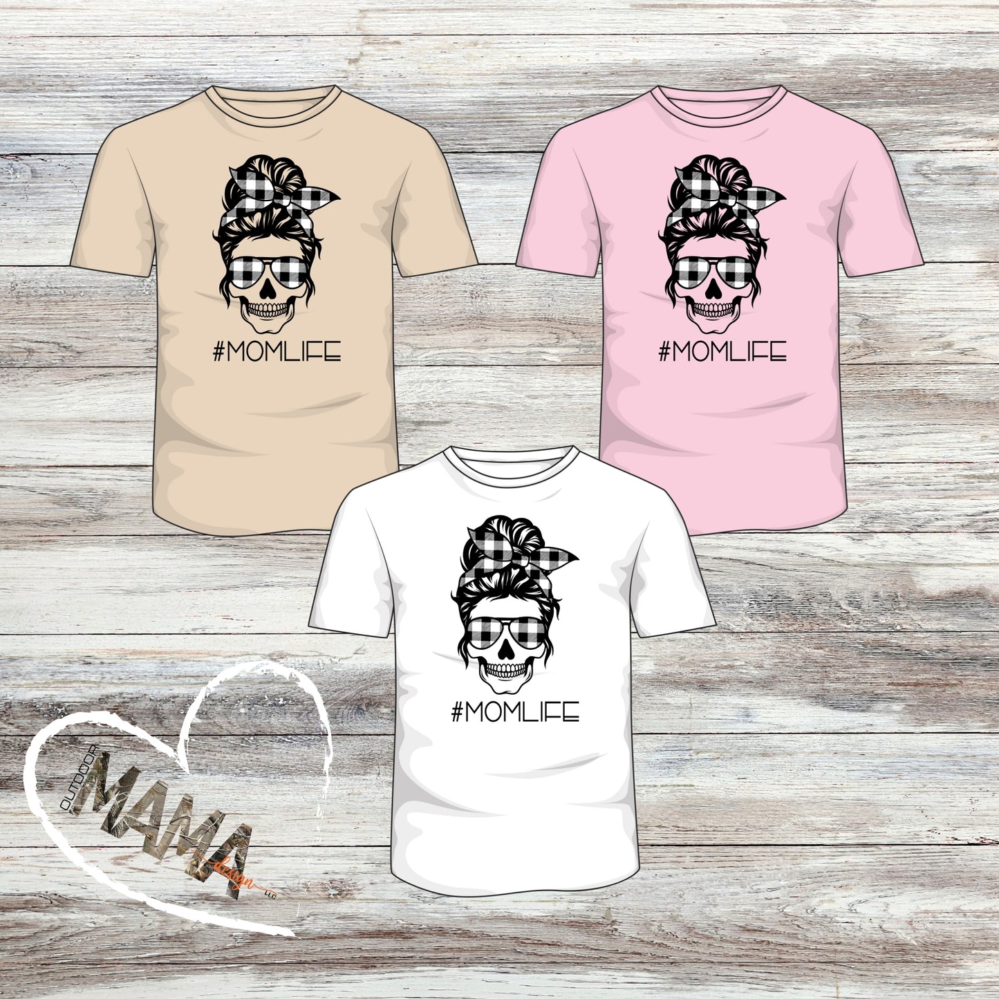 #MOMLIFE Messy Hair Skull Plaid Designs T-shirt