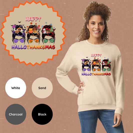 Messy Bun Hallowthanksmas Crewneck Sweatshirt
