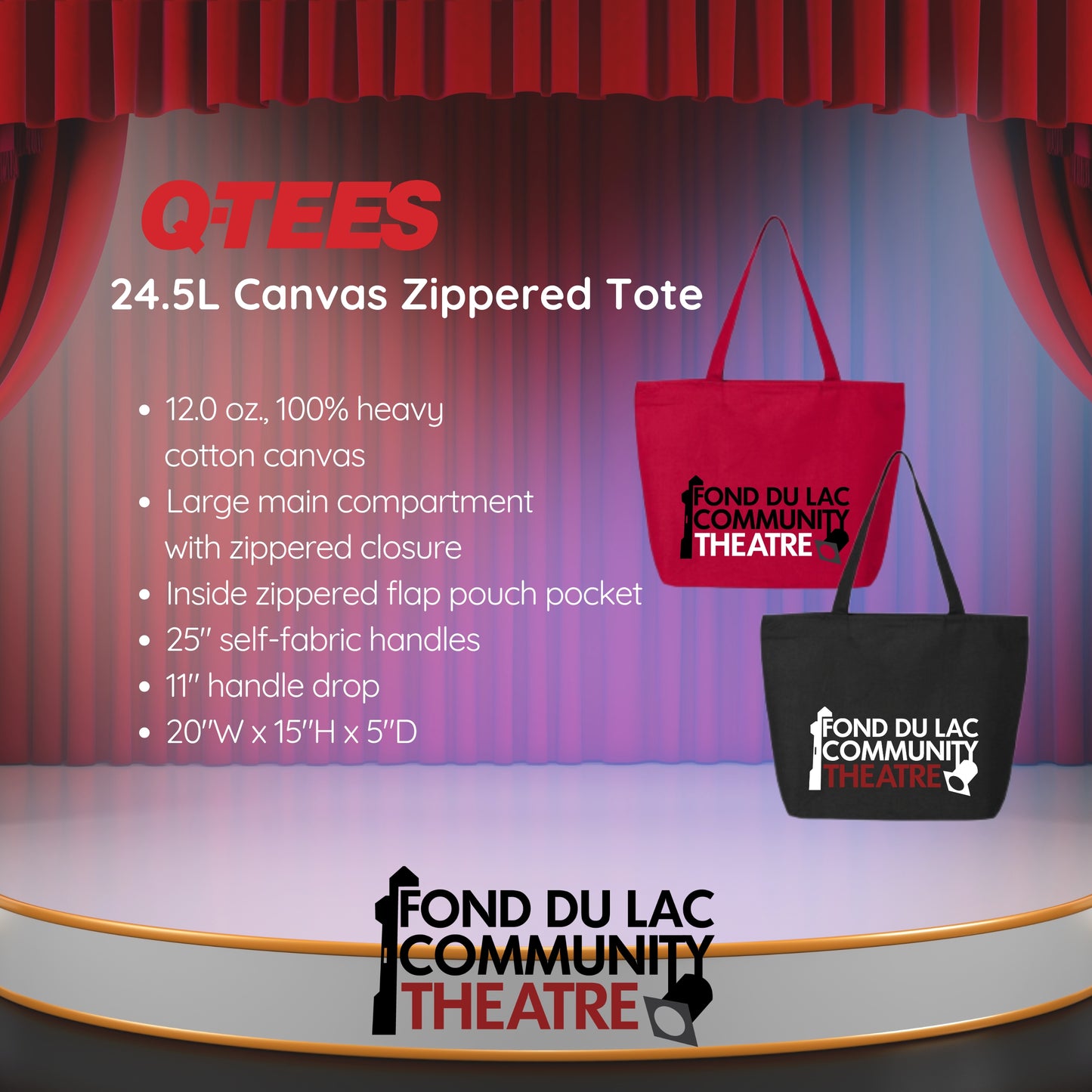 FDLCT - Q-Tees 24.5L Canvas Zippered Tote