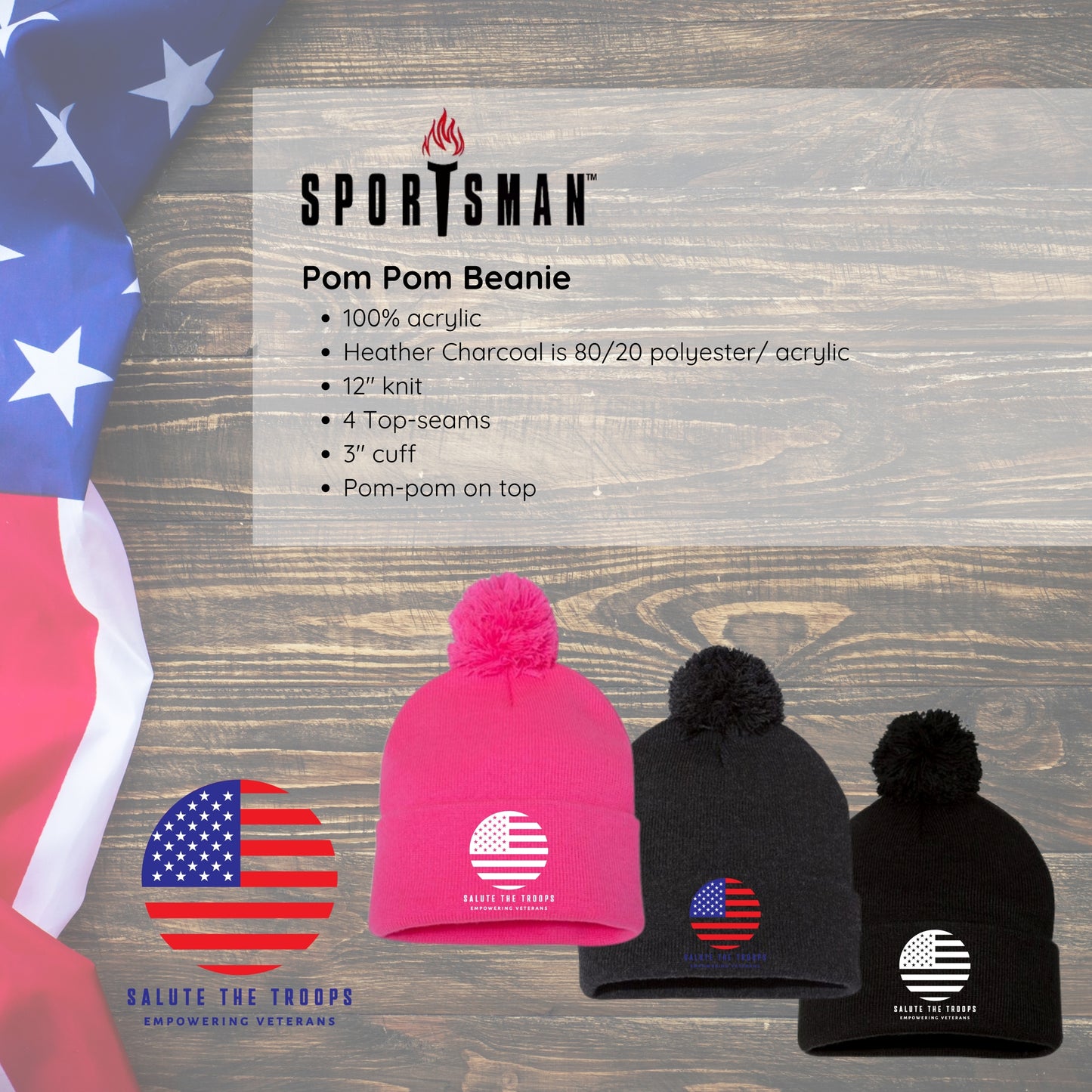 Salute the Troops - Sportsman Pom Pom Beanie