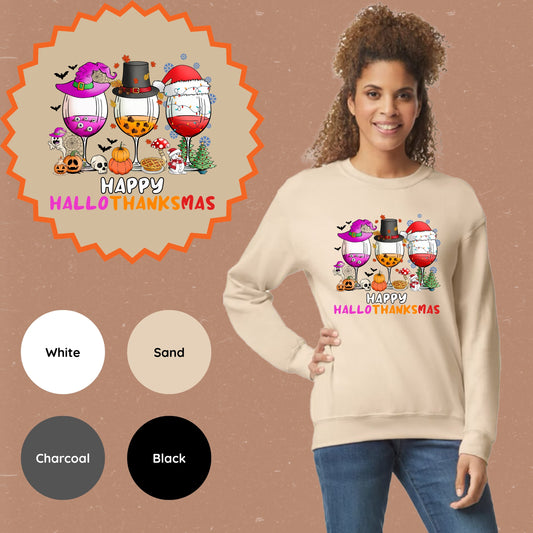 Wine Glasses Hallowthanksmas Crewneck Sweatshirt
