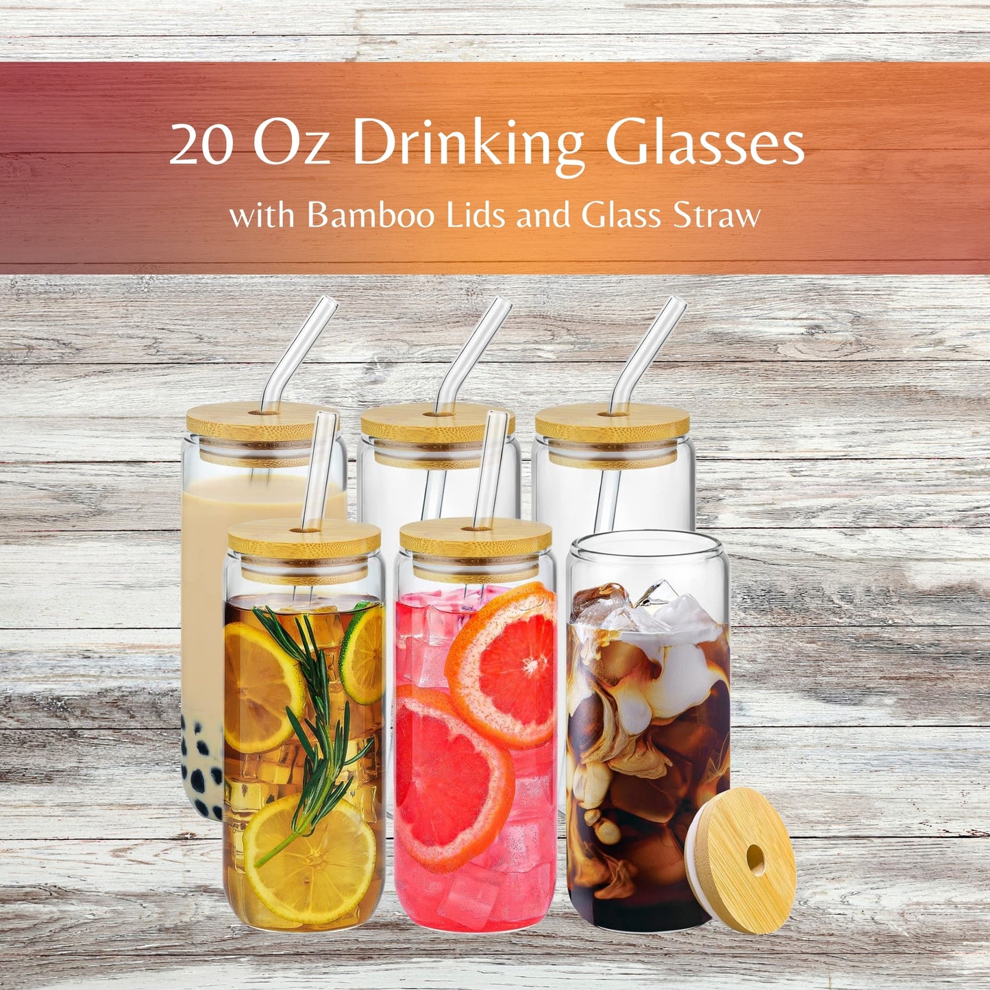 Custom Drinking Glasses with Bamboo Lids and Glass Straw