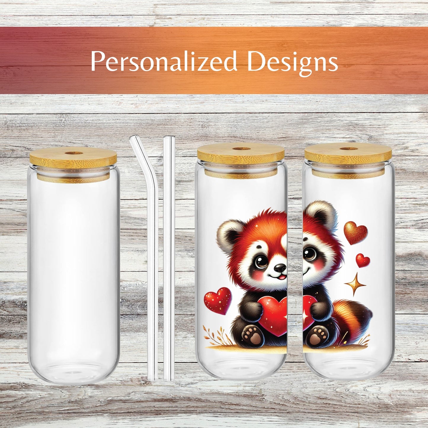 Custom Drinking Glasses with Bamboo Lids and Glass Straw